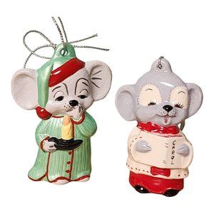 2 Vintage Mouse Christmas Ornaments Ceramic